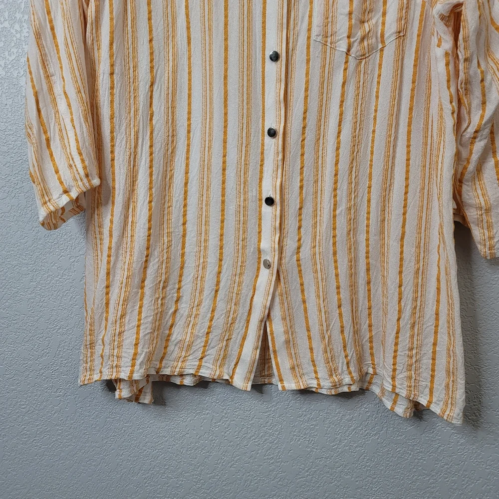 89+Madison 3/4 sleeve button up roll tab yellow stripe crepe collared sh…